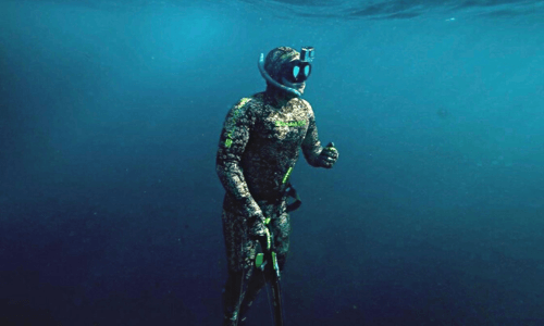 Man underwater spearfishing in Devon